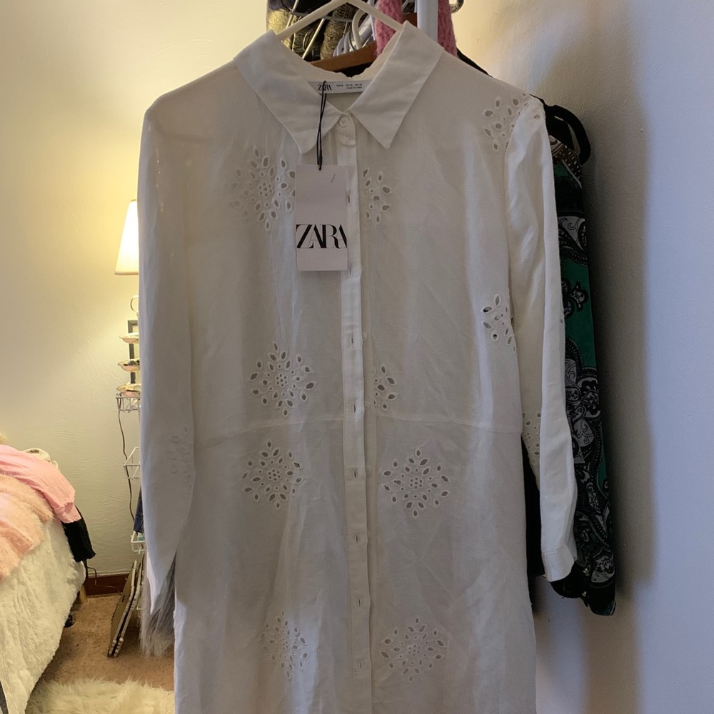 Cream Zara eyelet shirt dress